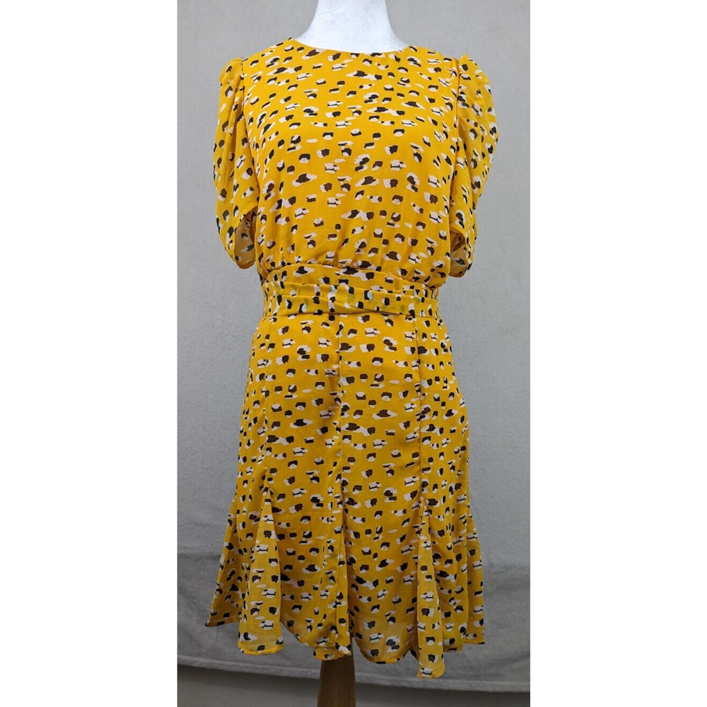 Ambition sz M Dress yellow lined sheer fluted skirt area matching belt 4462
